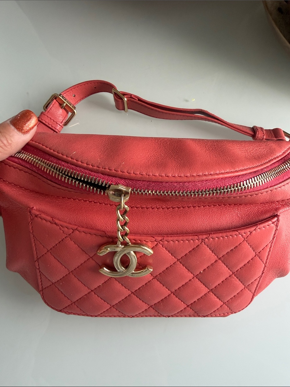 CHANEL Coral Quilted Leather Crossbody Belt Bag with Gold Hardware